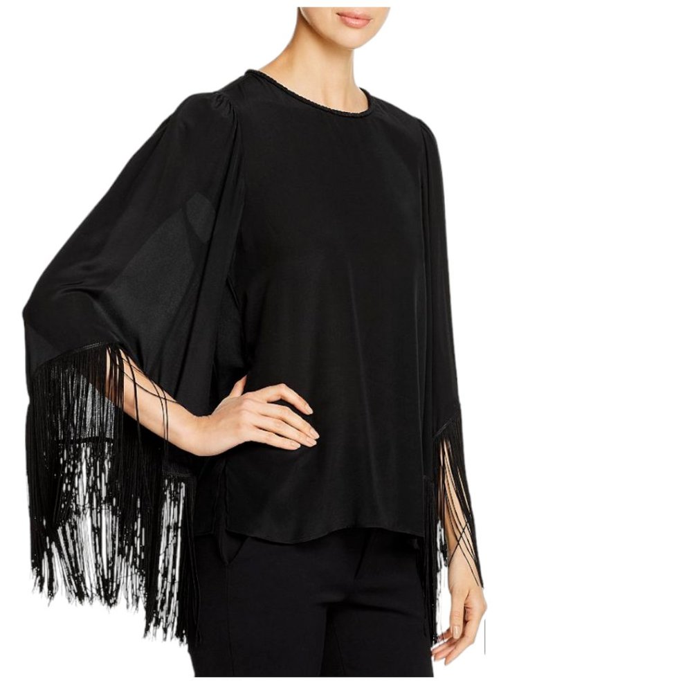 NWT Kobi Halperin Black Silk Top with Fringe Bell Sleeves Size